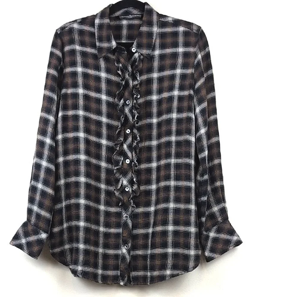 Peruvian Connection Ruffled Button Front Plaid Shirt Top Size M - Picture 1 of 8